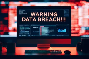 Computer screen displaying a “Warning Data Breach” alert with system logs and analytics, representing cyberattacks and compromised data