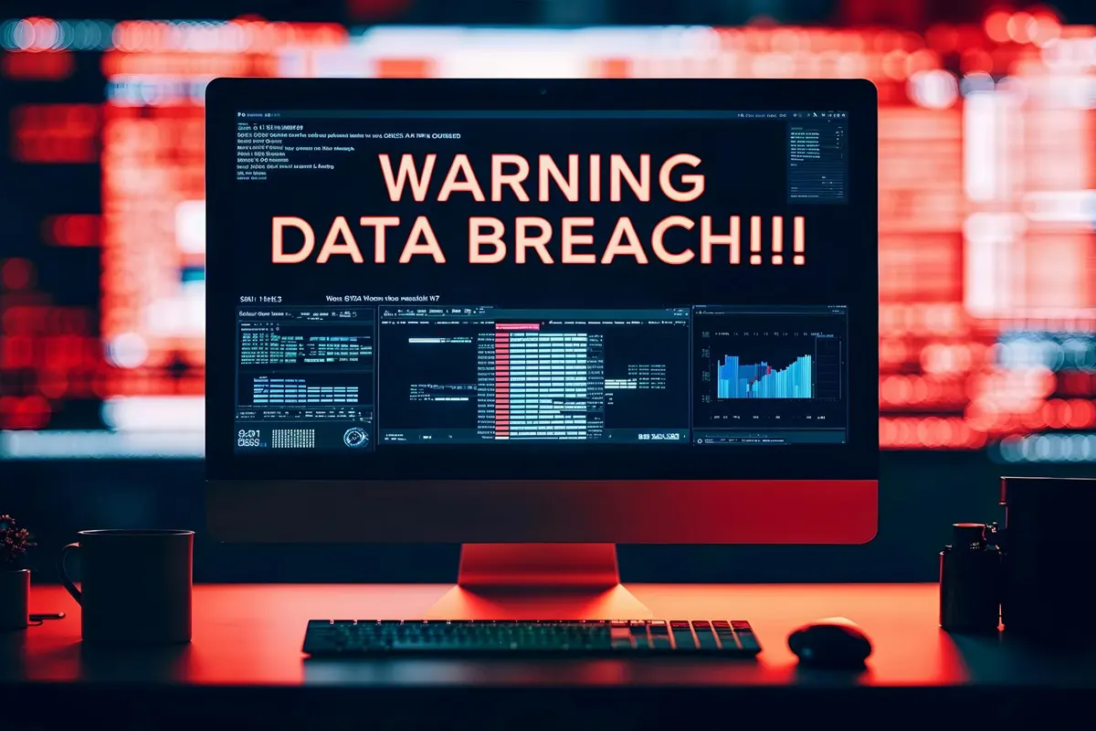 Computer screen displaying a “Warning Data Breach” alert with system logs and analytics, representing cyberattacks and compromised data