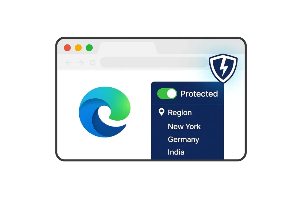 Microsoft Edge browser window with VPN Lightning extension open showing protection status and server options