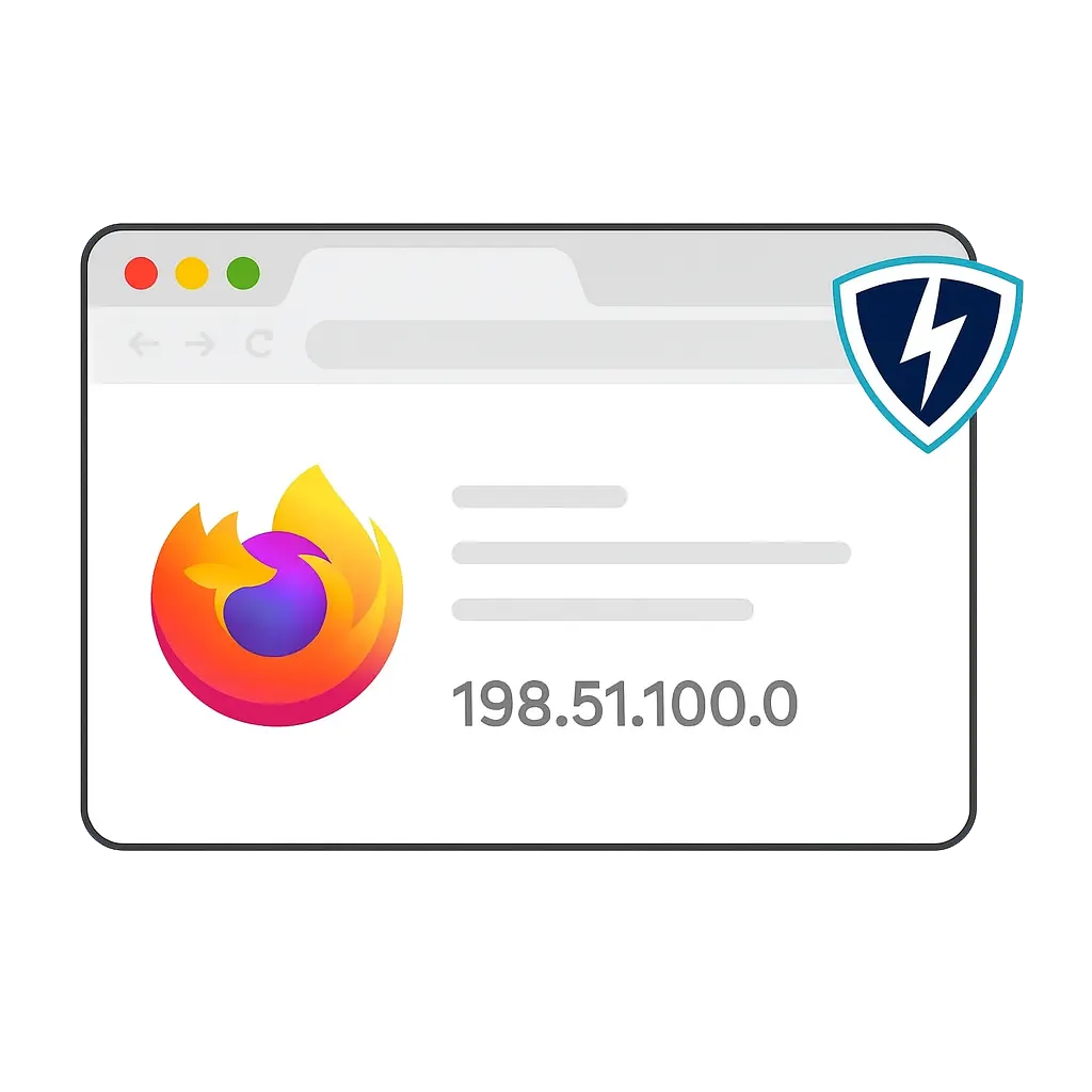 Mozilla Firefox browser window showing masked IP and VPN Lightning logo