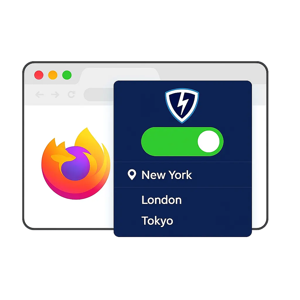 Flat digital illustration of a Firefox browser interface with private server selection, ad-free browsing, and a glowing VPN Lightning shield icon representing full user control and privacy.