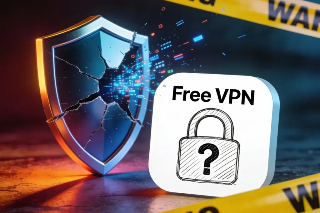 Cracked security shield next to a “Free VPN” icon with a broken lock, representing risks and vulnerabilities of free VPN services
