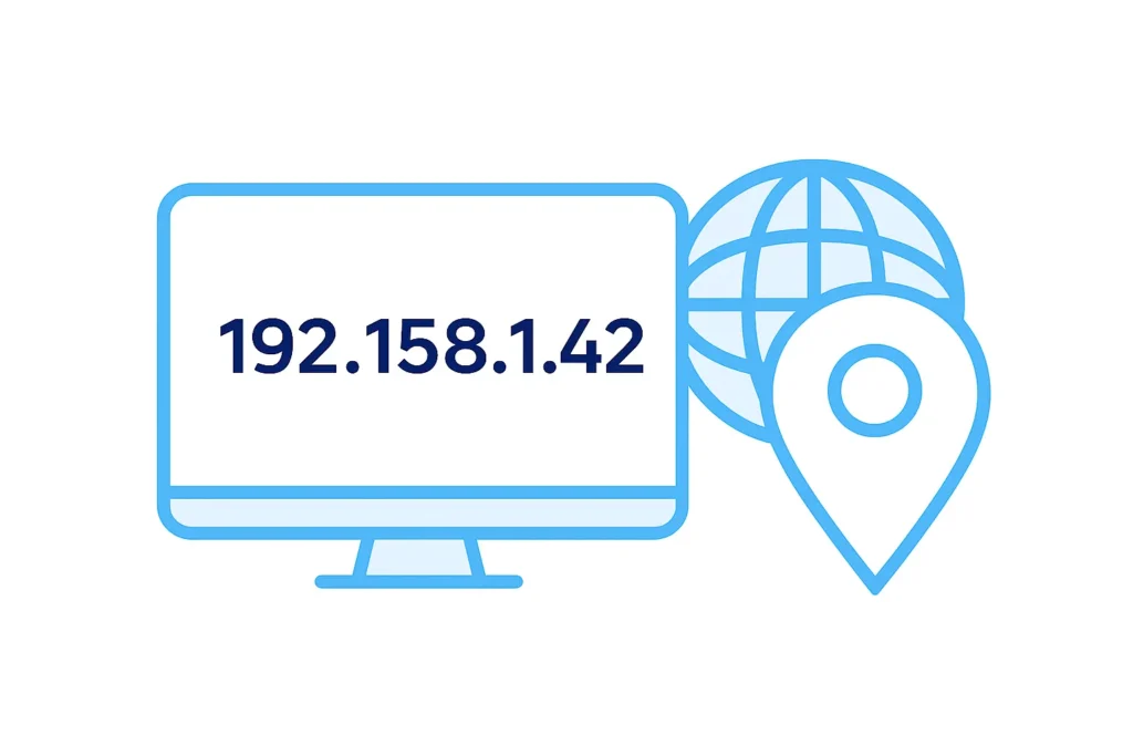 IP address displayed on a computer screen with a globe and location pin icon representing online location visibility.