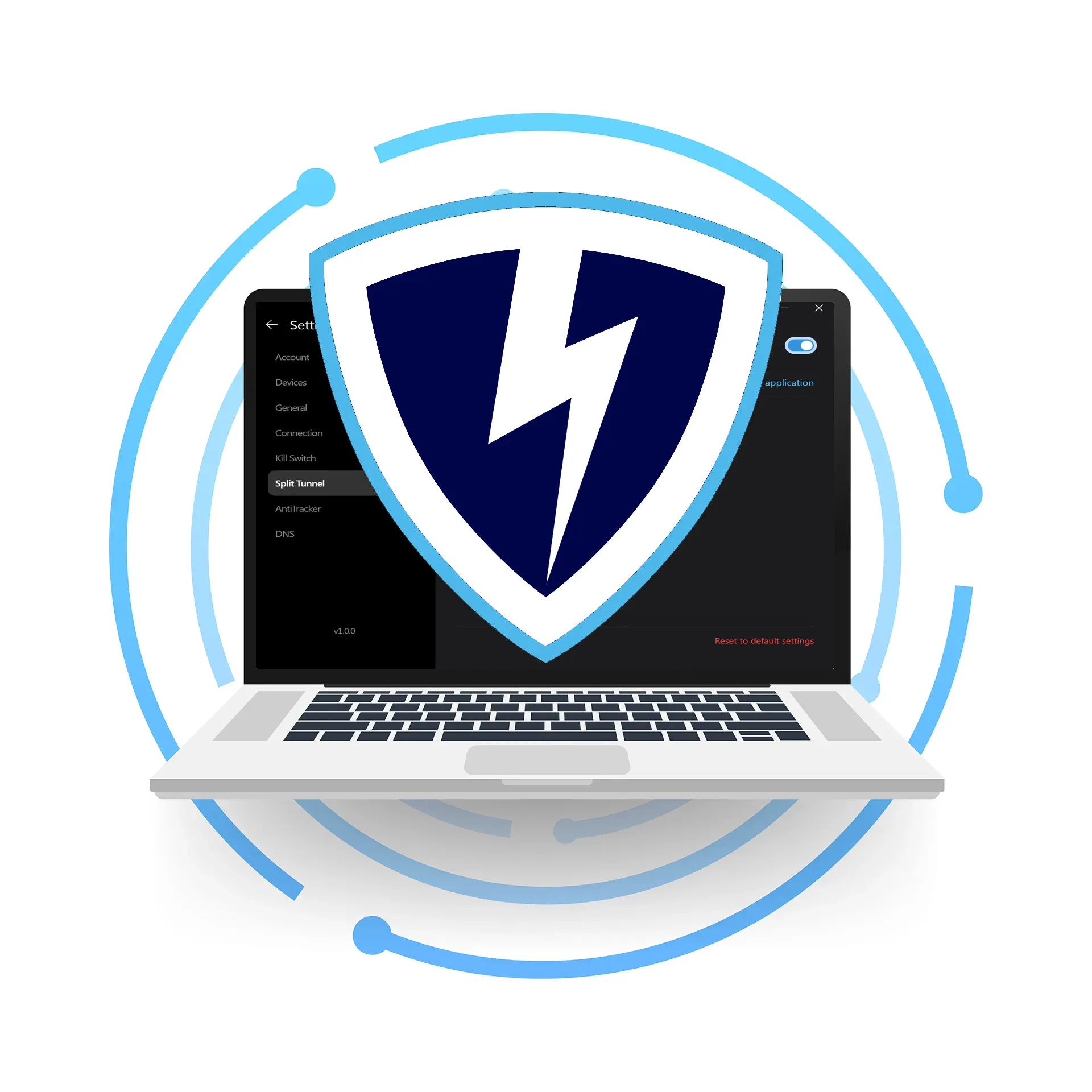 VPN Lightning shield icon over a laptop screen with Split Tunneling settings open, surrounded by a secure blue network ring.