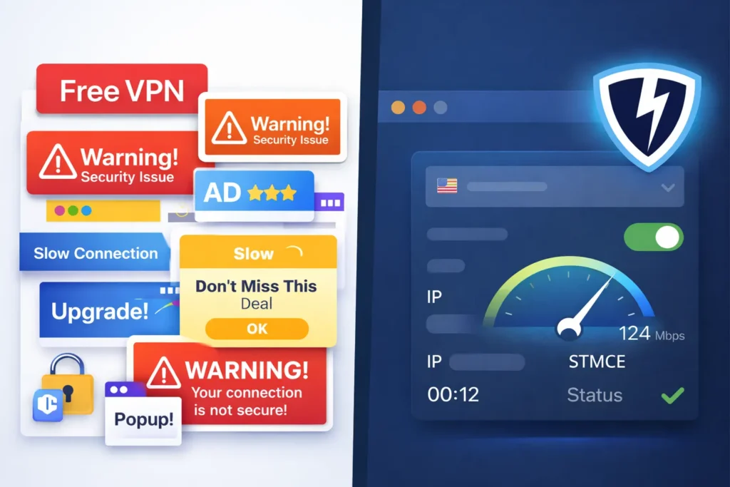 Split-screen illustration comparing a cluttered free VPN with ads and warnings versus a clean, secure VPN Lightning dashboard with active protection.