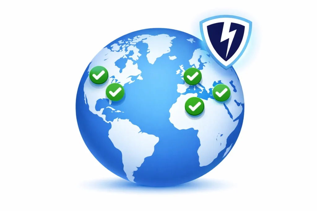 Stylized globe with checkmarks and VPN shield icon