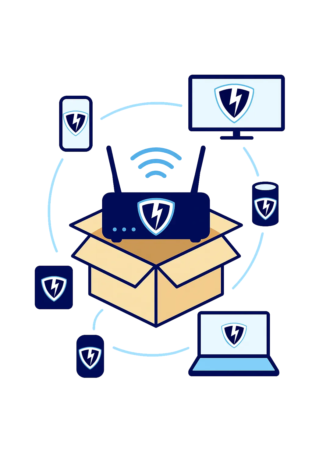 VPN Lightning Router in Shipping Box with Connected Devices