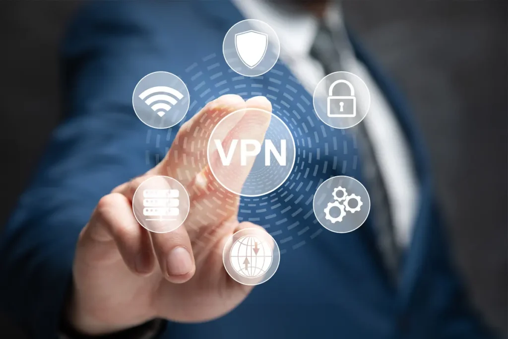 Person interacting with a virtual VPN interface showing security, privacy, and network protection icons