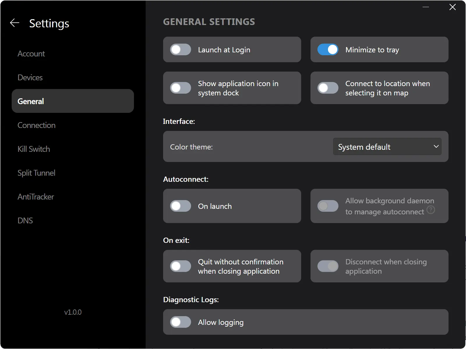 VPN Lightning Windows App General Settings Screen
