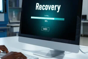 Computer screen showing data recovery in progress after a cybersecurity incident