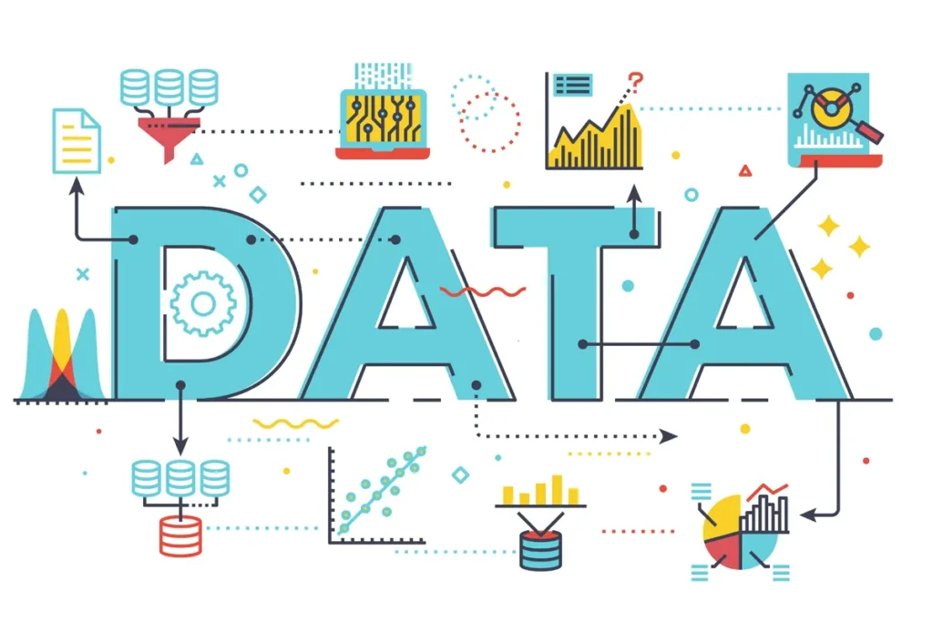 Illustration showing data flows, charts, databases, and analytics surrounding the word “DATA,” representing data collection and processing