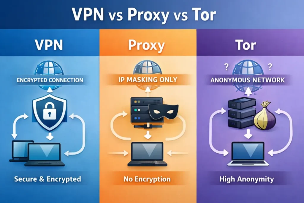 Infographic comparing VPN, proxy, and Tor showing differences in encryption, IP masking, and anonymity levels
